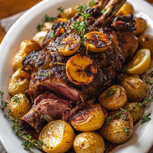 Slow Roast Lamb with Potatoes Underneath